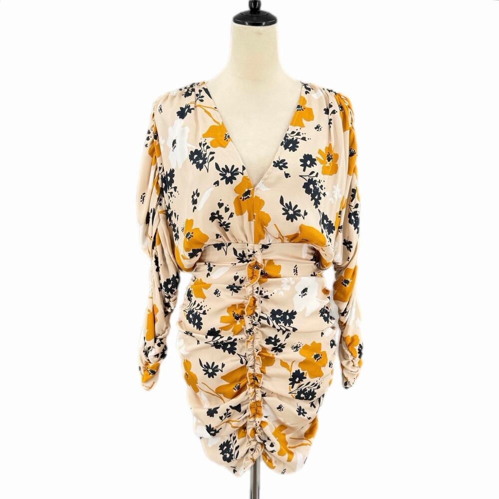 Socialite Nordstrom NEW Cream Yellow Ruched Floral Mini Chic Night Out Dress